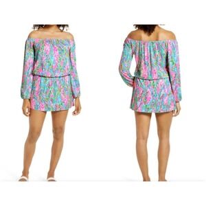 Lilly Pulitzer Off The Shoulder Long Sleeve Romper Dress Pink  Print Size L